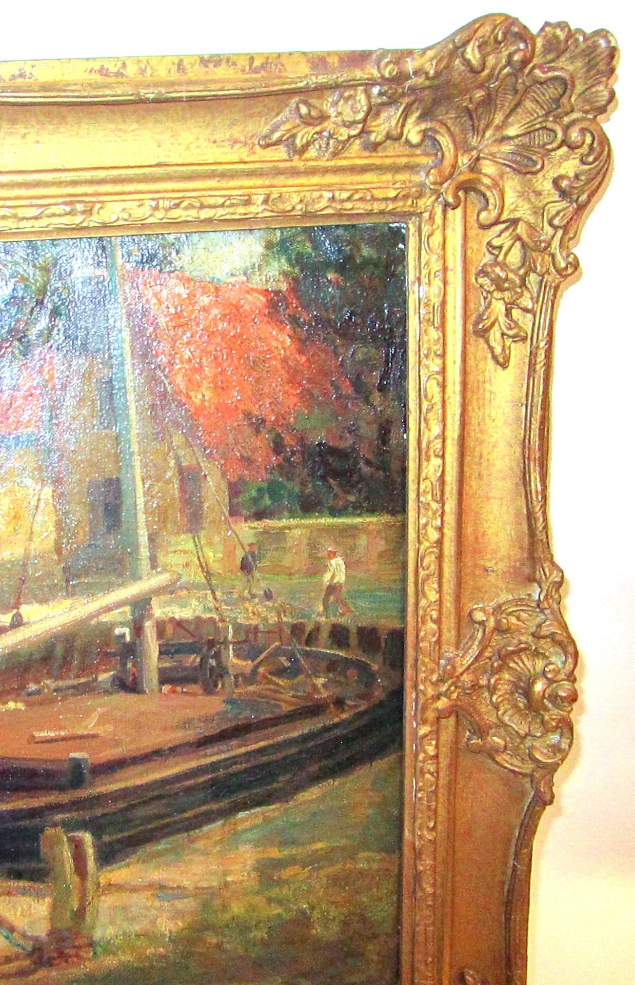 Anglais Peinture à l'huile de l'école anglaise du début du 20e siècle représentant le dock et des bateaux de pêche par Frederick Stead en vente