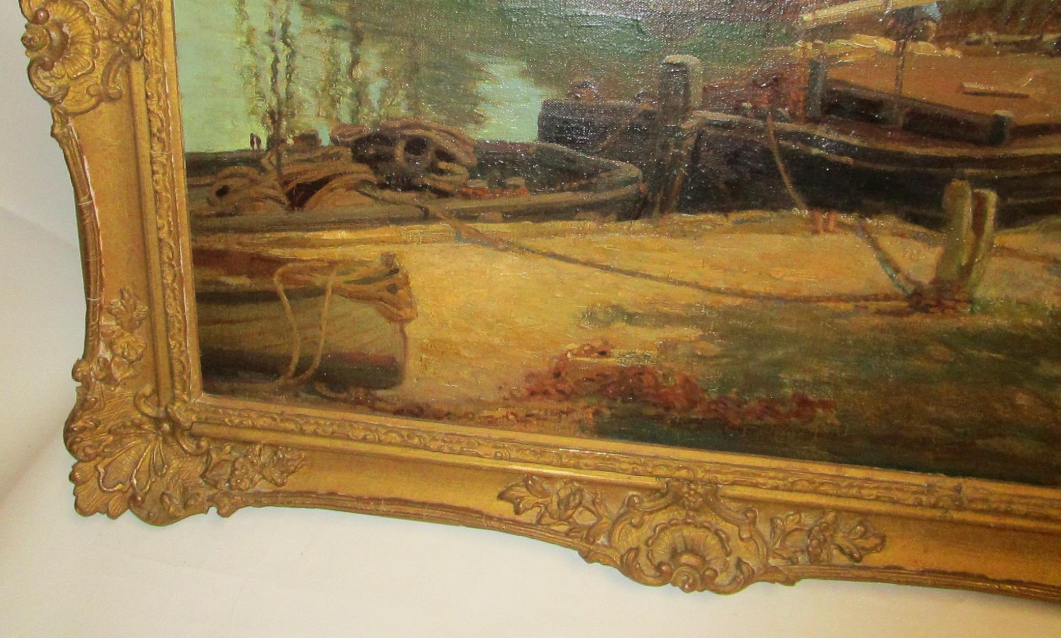 Sculpté Peinture à l'huile de l'école anglaise du début du 20e siècle représentant le dock et des bateaux de pêche par Frederick Stead en vente