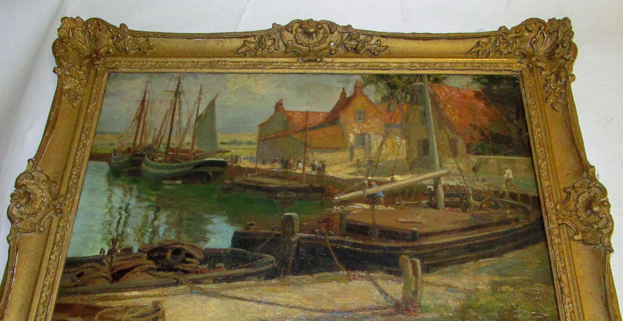 Other Early 20th c English School Oil Painting Dock & Fishing Boats by Frederick Stead For Sale
