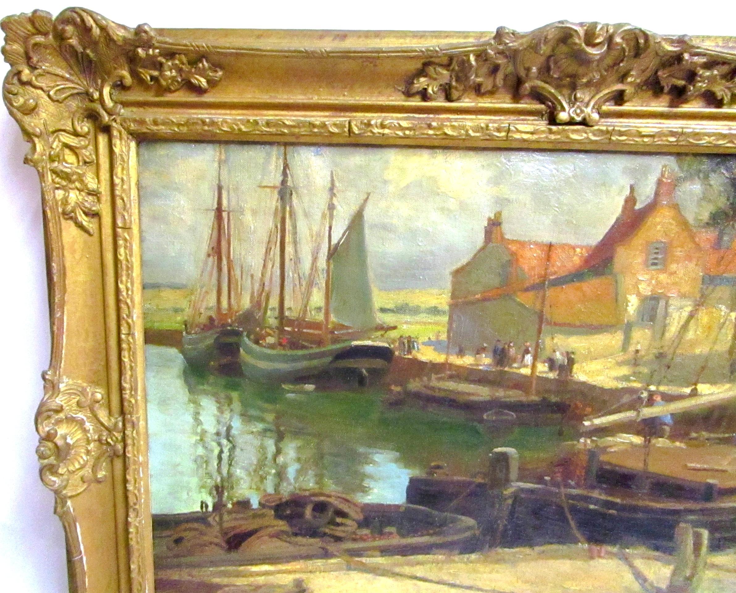 20ième siècle Peinture à l'huile de l'école anglaise du début du 20e siècle représentant le dock et des bateaux de pêche par Frederick Stead en vente