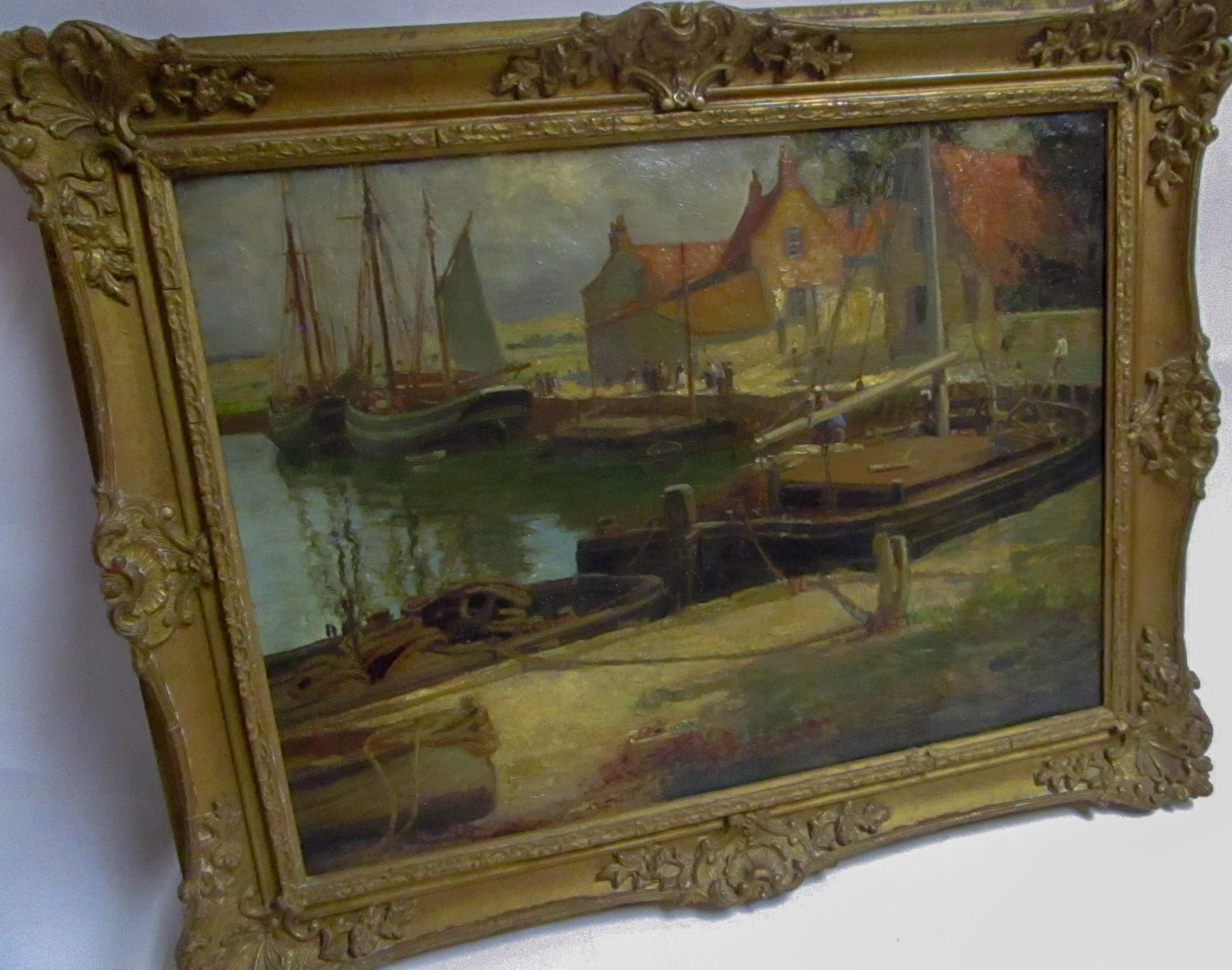 Early 20th c English School Oil Painting Dock & Fishing Boats by Frederick Stead In Good Condition For Sale In Savannah, GA