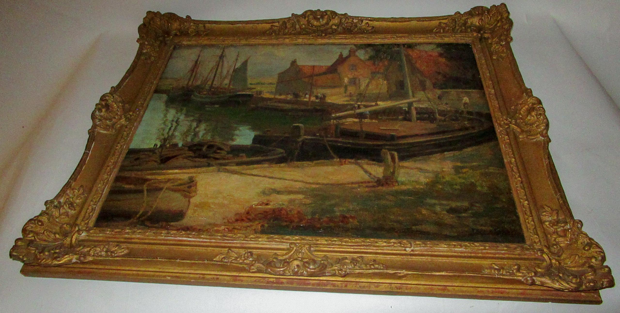 20th Century Early 20th c English School Oil Painting Dock & Fishing Boats by Frederick Stead For Sale