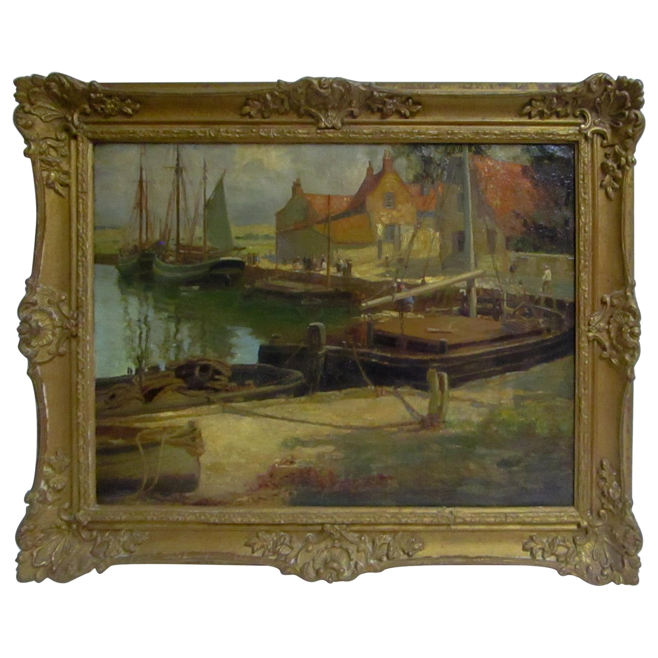 Early 20th c English School Oil Painting Dock & Fishing Boats by Frederick Stead