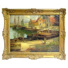 Pittura a olio di scuola inglese dei primi del Novecento Dock & Fishing Boats di Frederick Stead