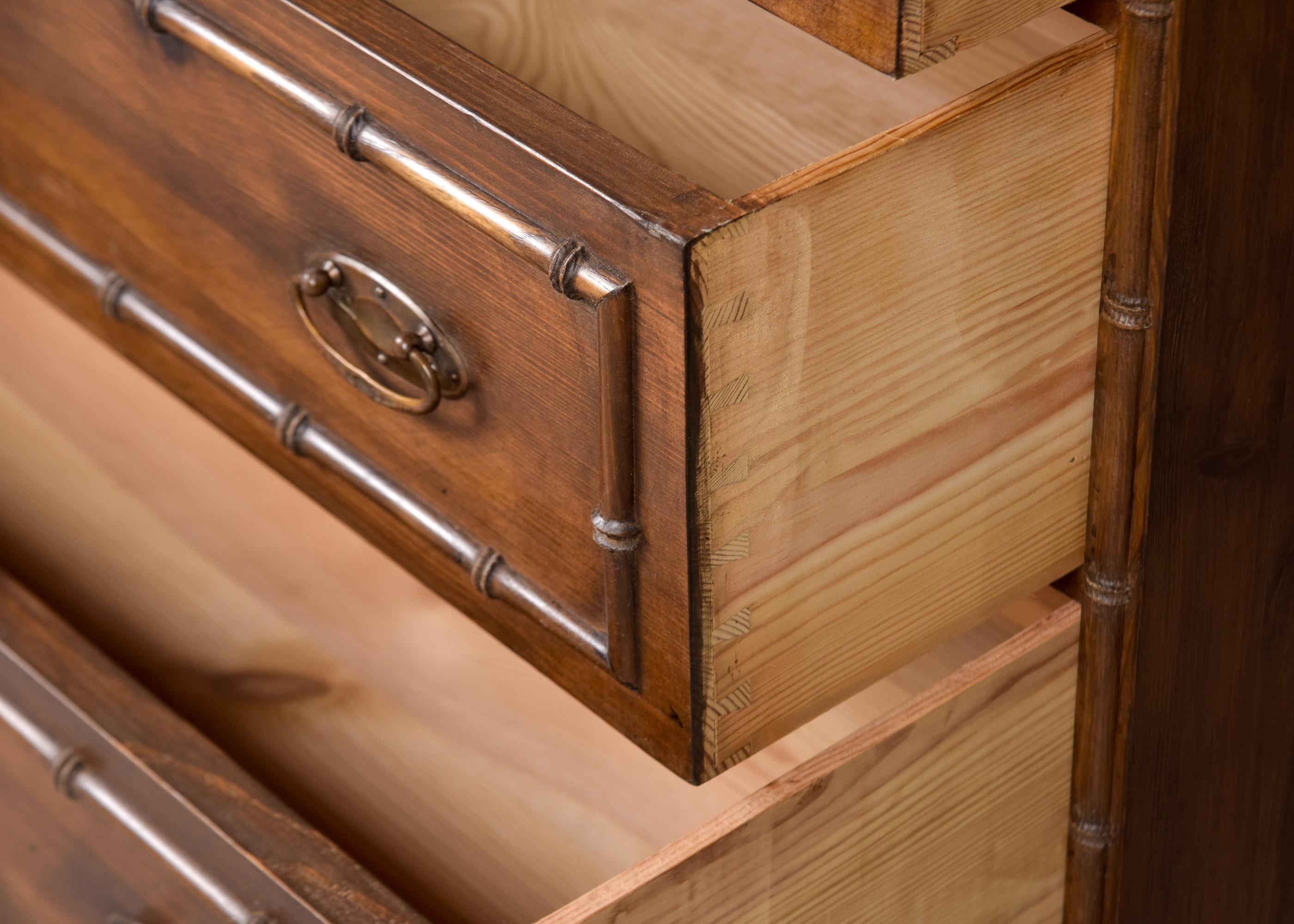 Brass Early 20th C English Three Drawer Chest with Bamboo Trim For Sale