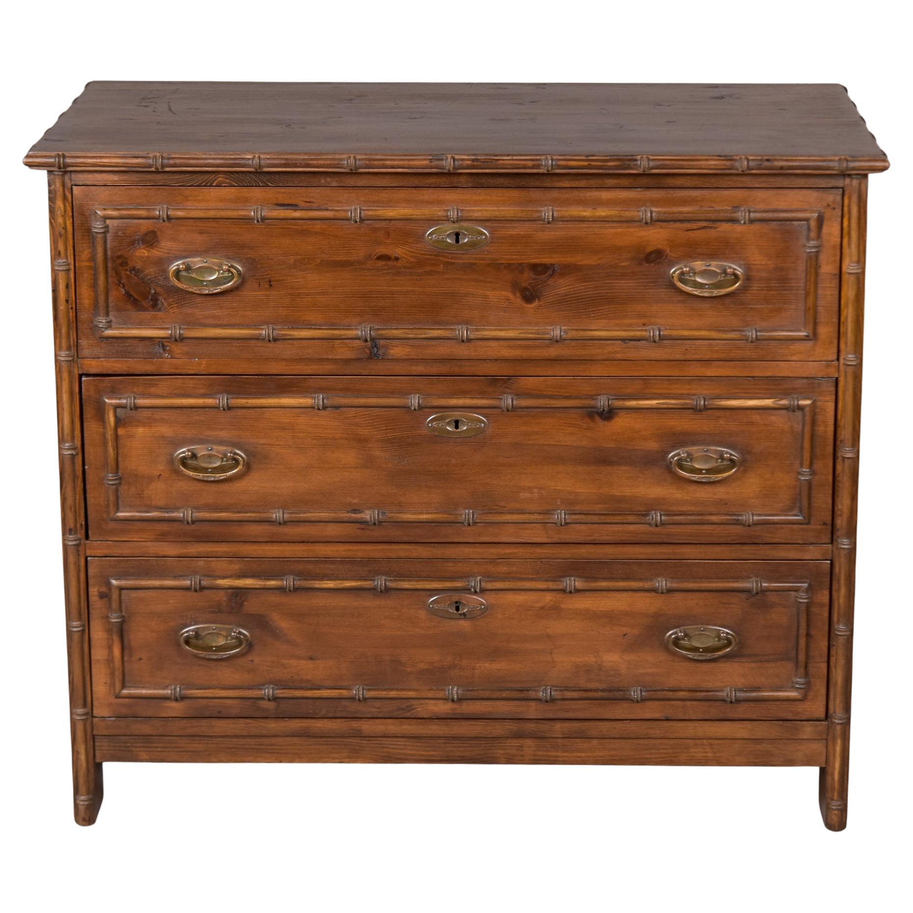 Early 20th C English Three Drawer Chest with Bamboo Trim For Sale