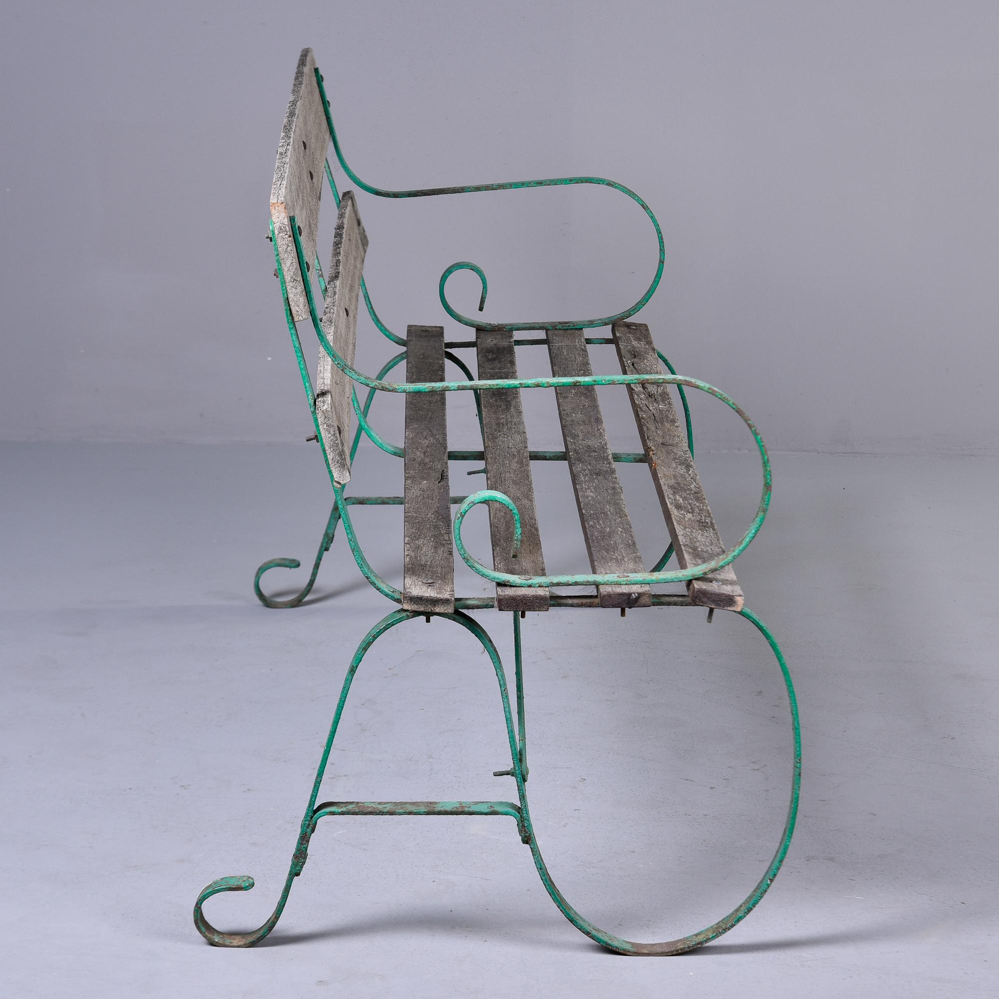 Early 20th C English Wood Bench with Green Metal Frame For Sale 5