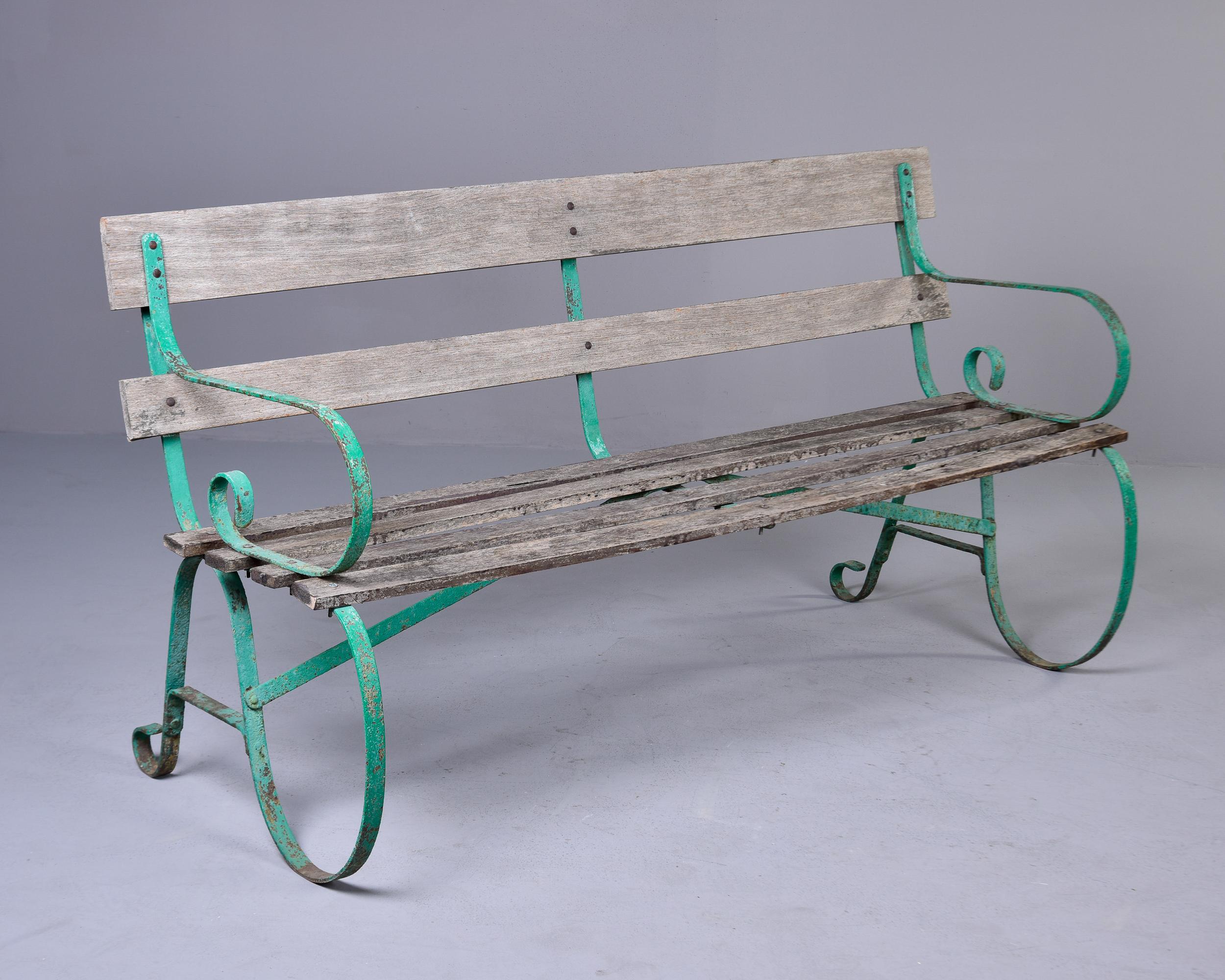 Early 20th C English Wood Bench with Green Metal Frame For Sale 6