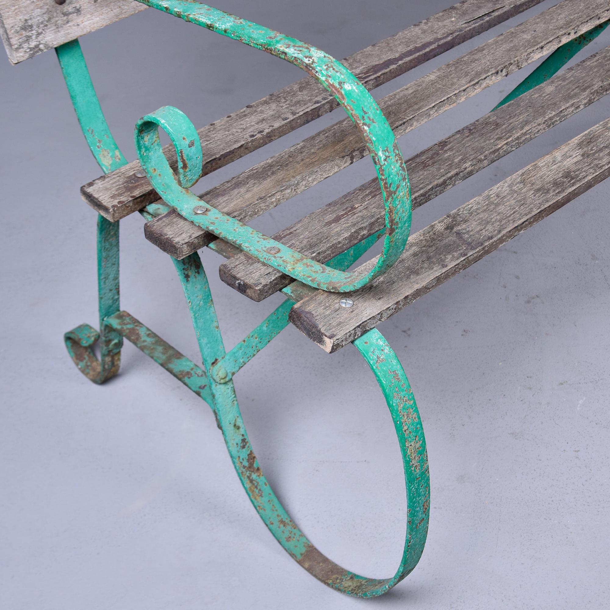 Early 20th C English Wood Bench with Green Metal Frame For Sale 8