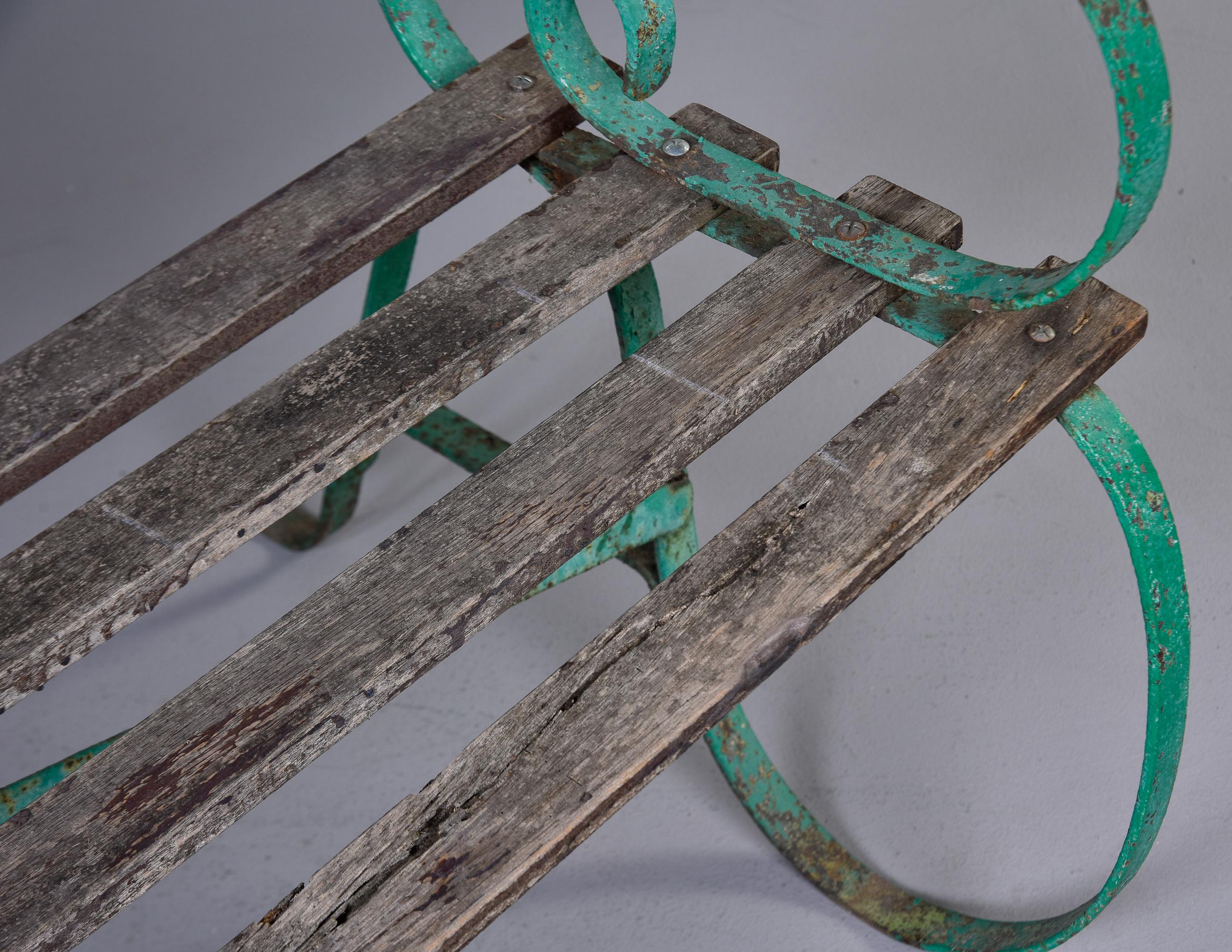 Early 20th C English Wood Bench with Green Metal Frame For Sale 9