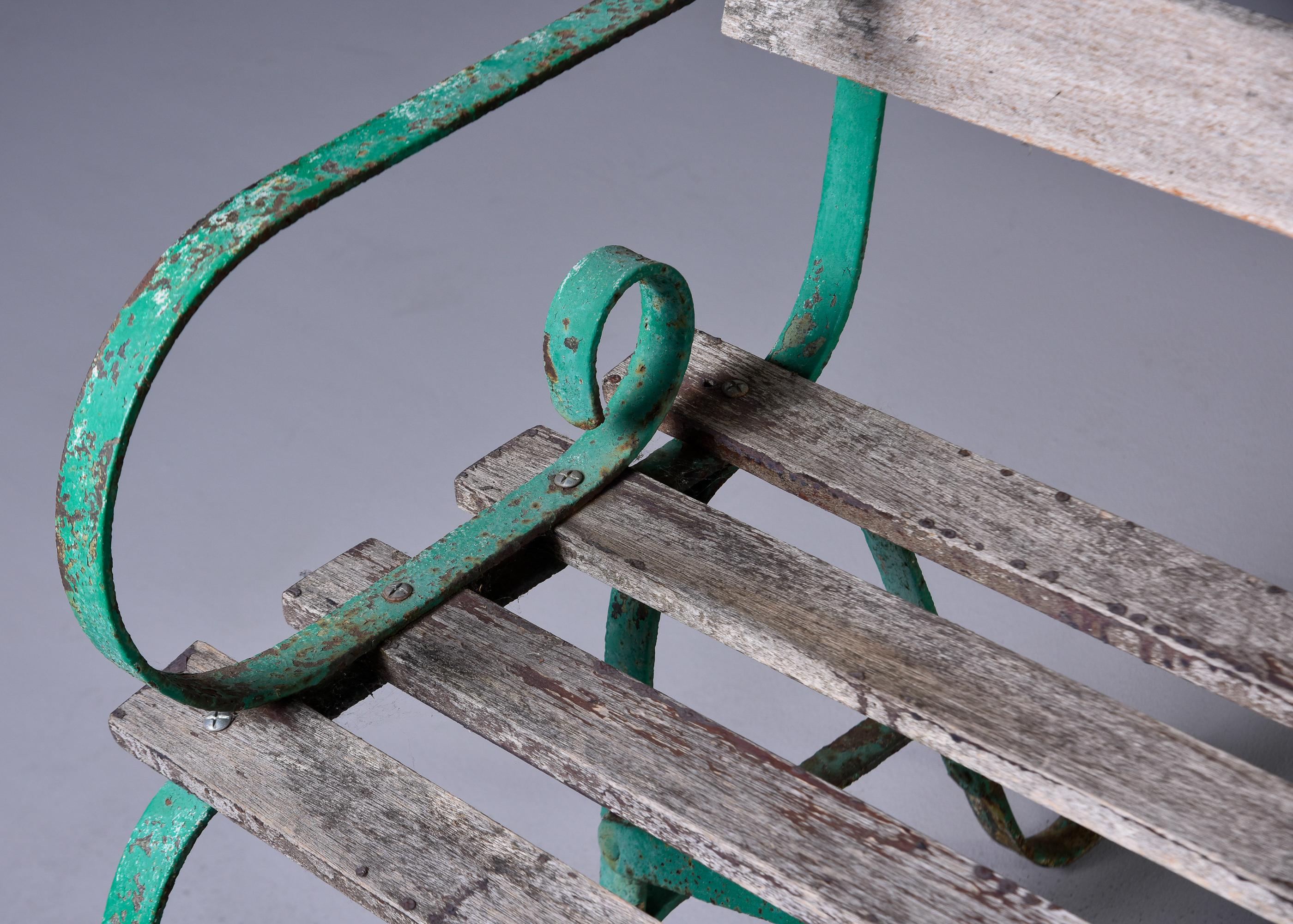 Rustic Early 20th C English Wood Bench with Green Metal Frame For Sale