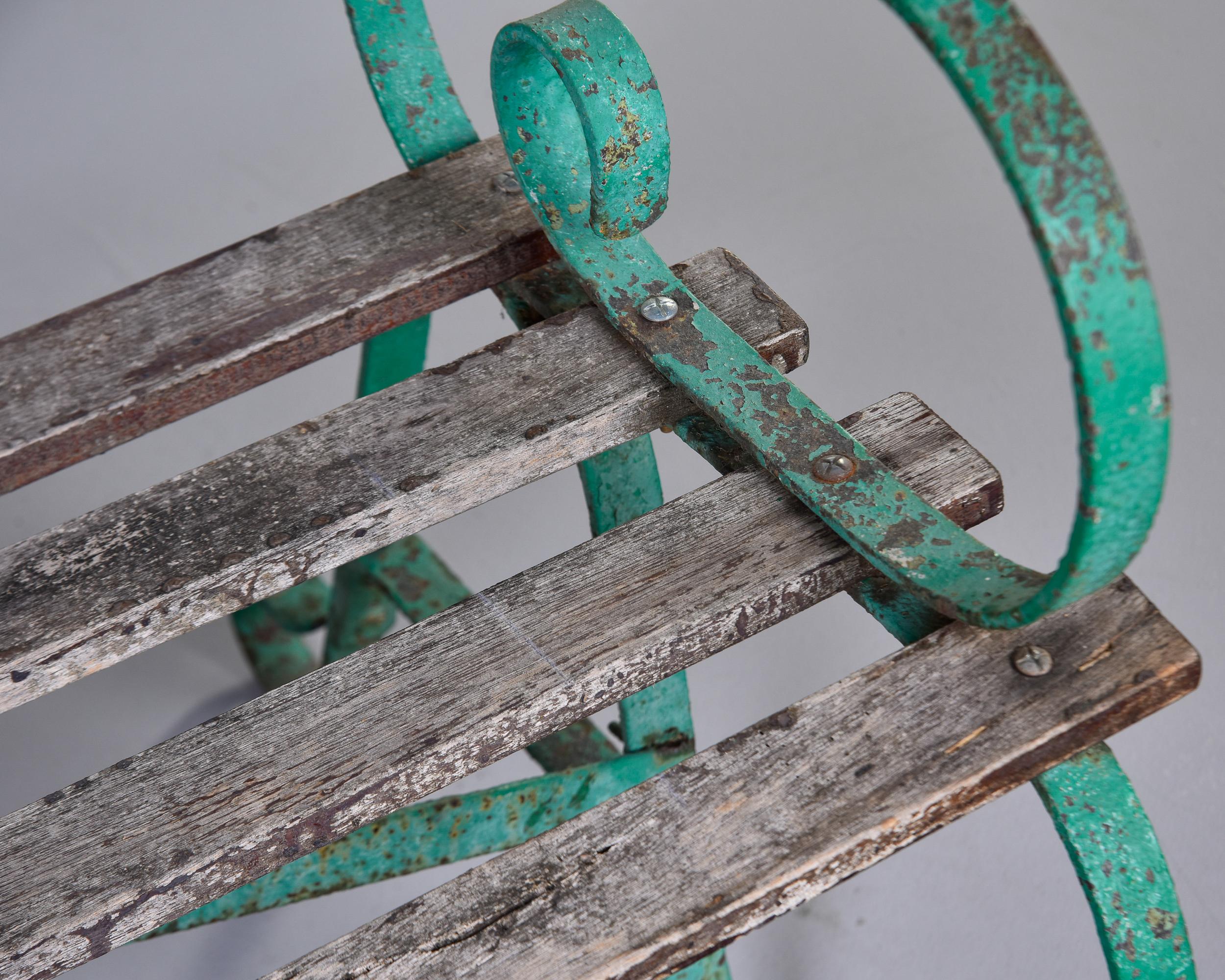 Early 20th C English Wood Bench with Green Metal Frame In Good Condition For Sale In Troy, MI