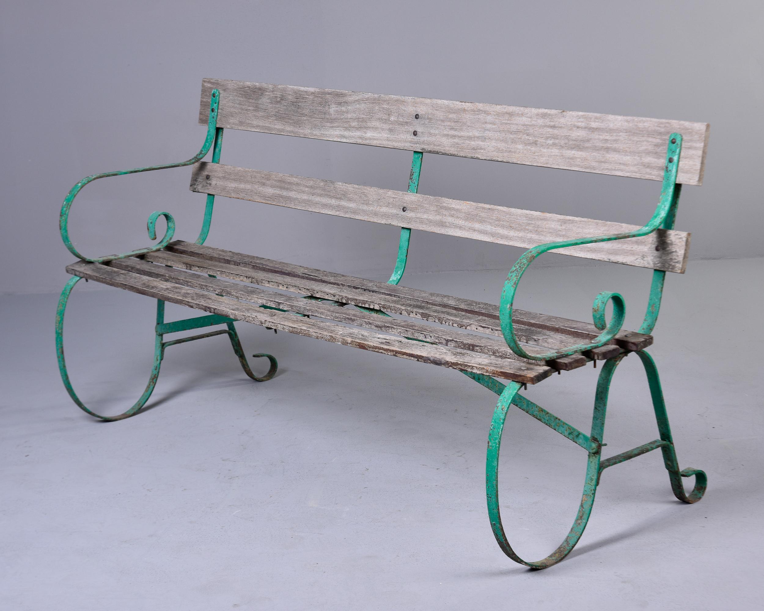 20th Century Early 20th C English Wood Bench with Green Metal Frame For Sale