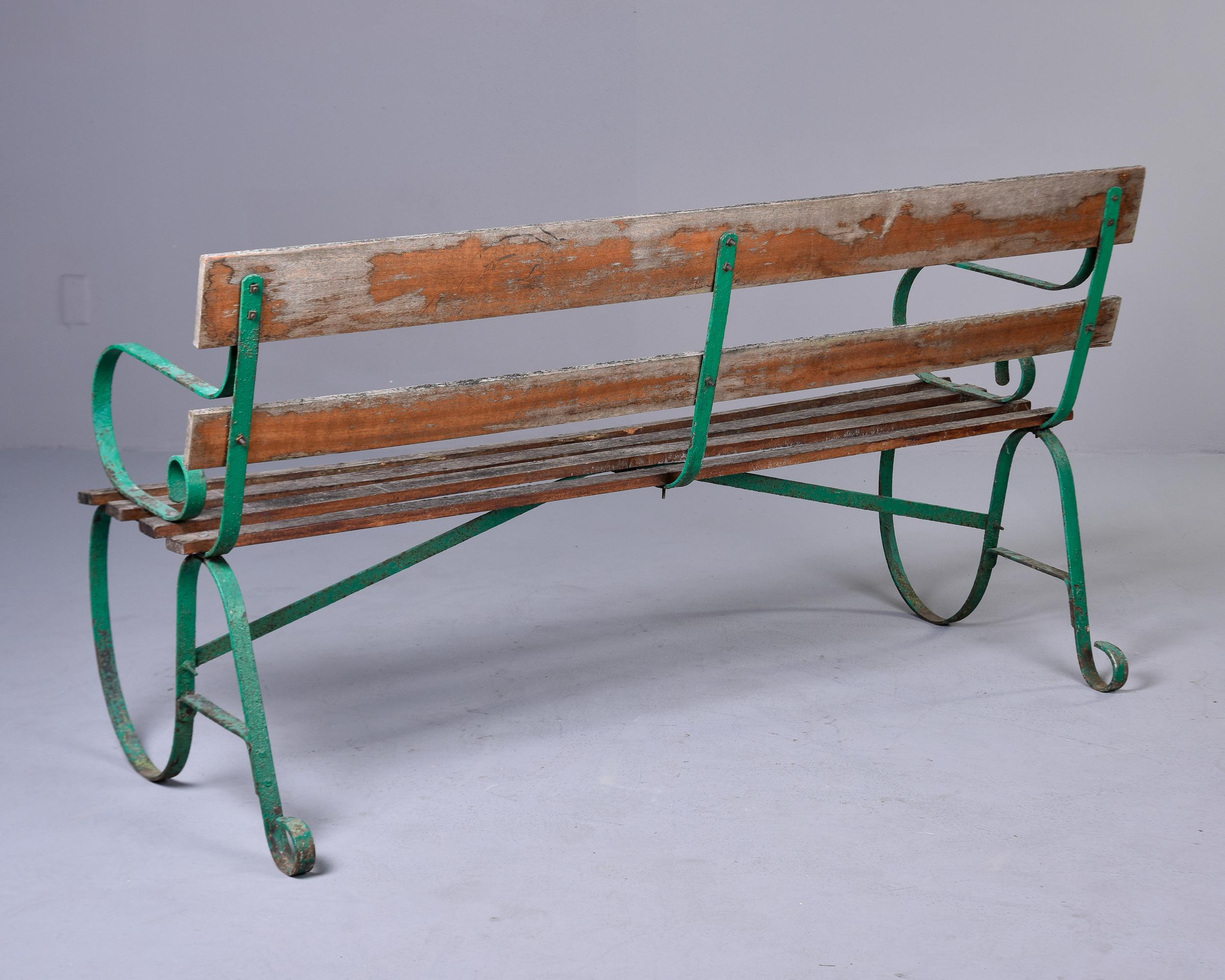 Early 20th C English Wood Bench with Green Metal Frame For Sale 2