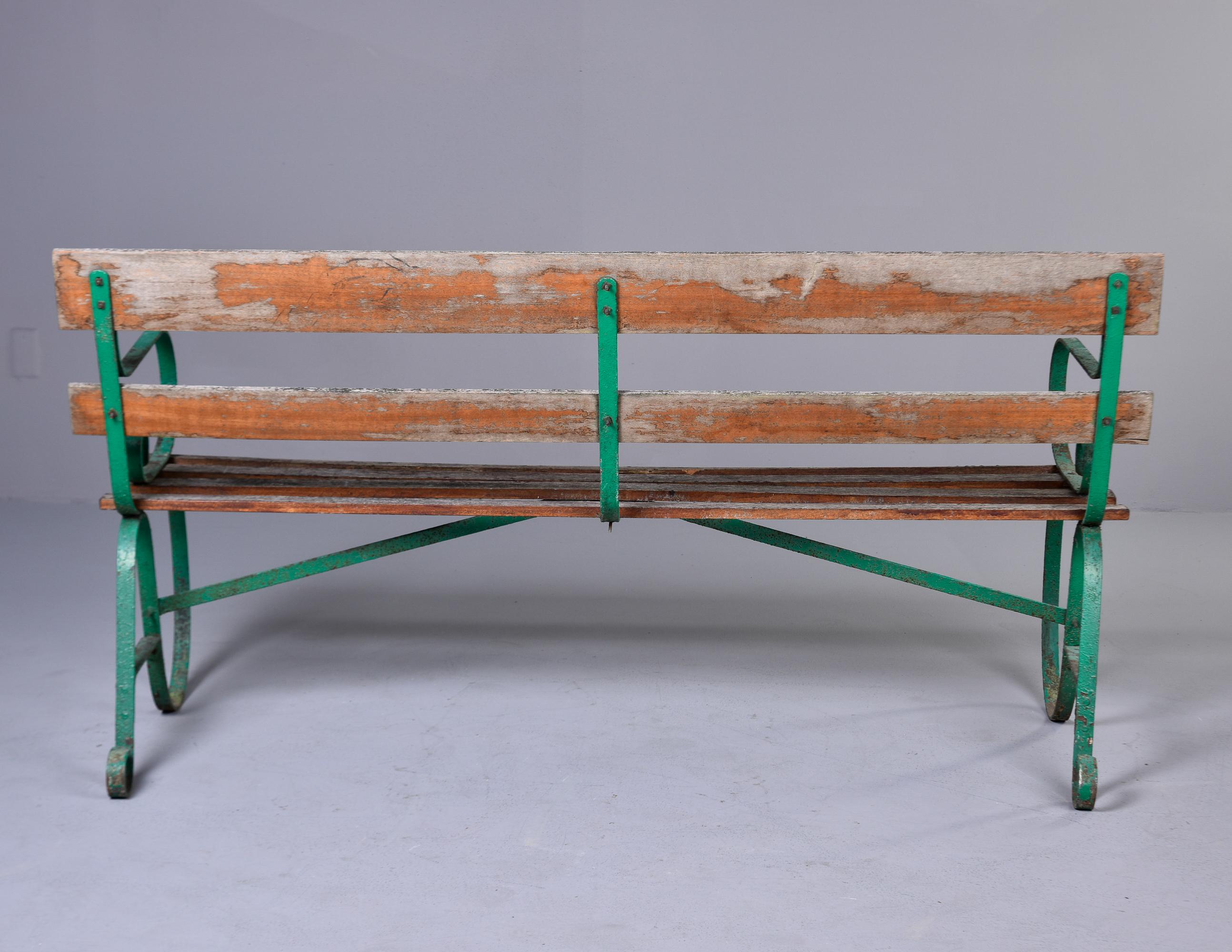 Early 20th C English Wood Bench with Green Metal Frame For Sale 3