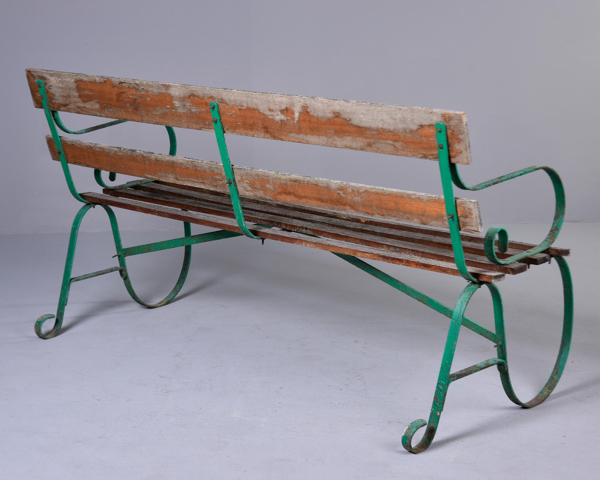 Early 20th C English Wood Bench with Green Metal Frame For Sale 4