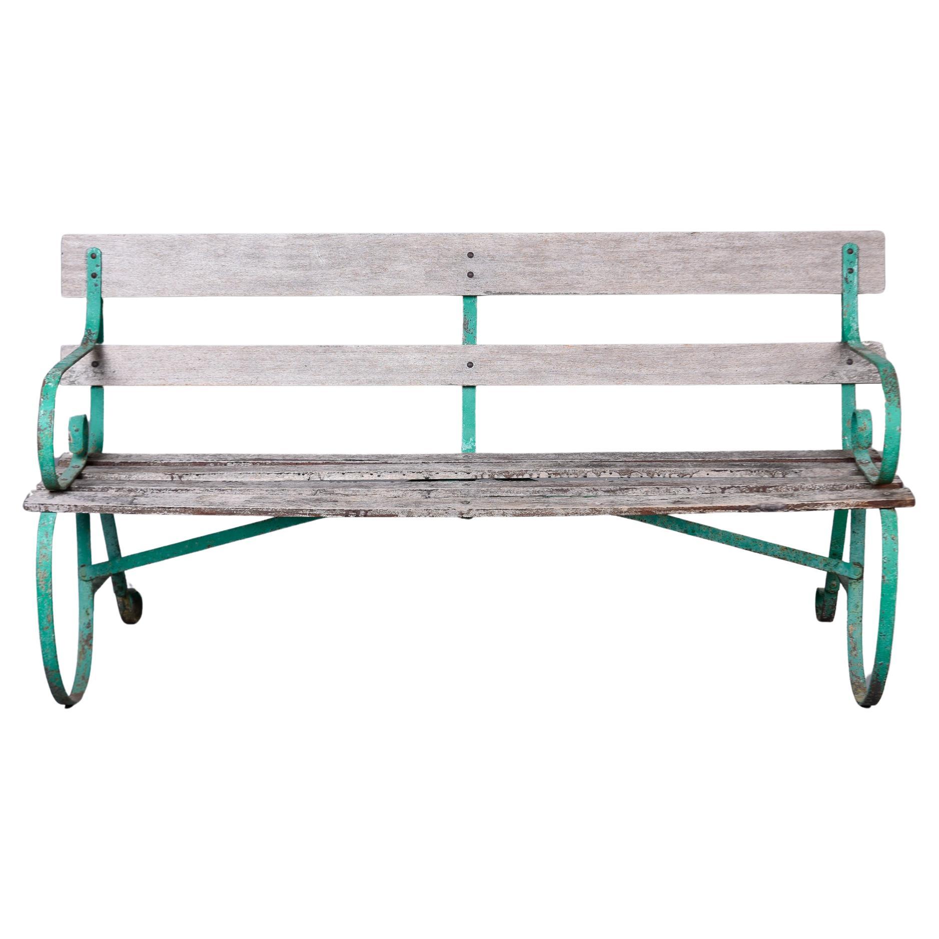 Early 20th C English Wood Bench with Green Metal Frame For Sale