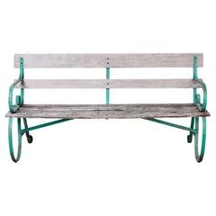 Antique Early 20th C English Wood Bench with Green Metal Frame