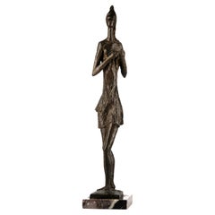 Early 20th C. Expressionist Bronze Woman Sculpture with Marble Base by A. Monti
