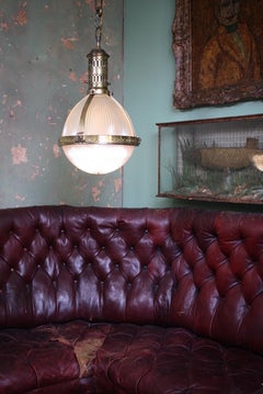 Extra Large French Caged Brass Glass Holophane Lantern Pendant