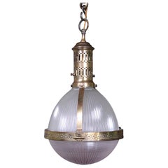 Extra Large French Caged Brass Glass Holophane Lantern Pendant