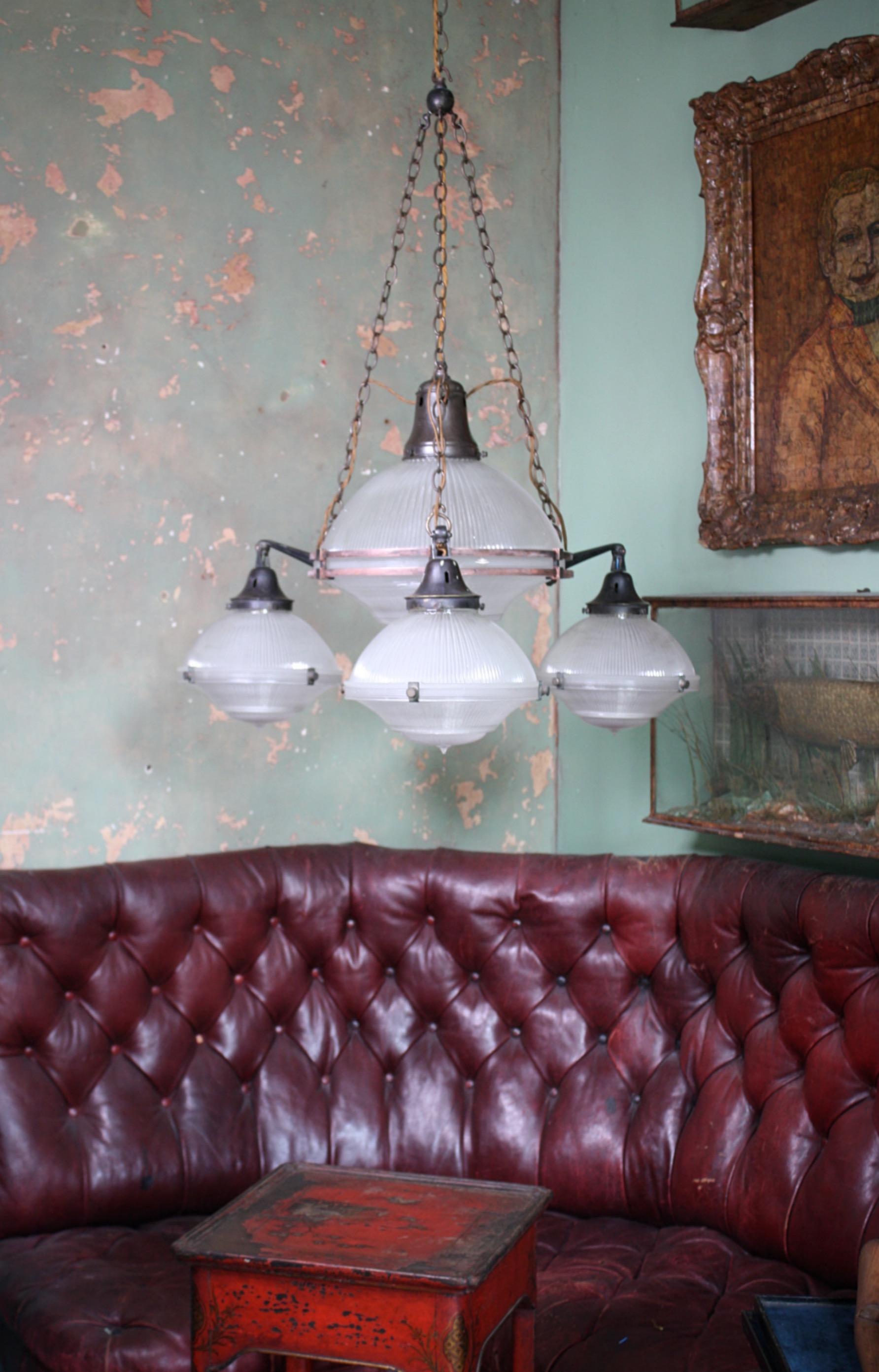 Early 20th C Extra Large Holophane Prismatic Glass and Bronze Chandelier Light 5