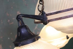 Early 20th C Extra Large Holophane Prismatic Glass and Bronze Chandelier Light