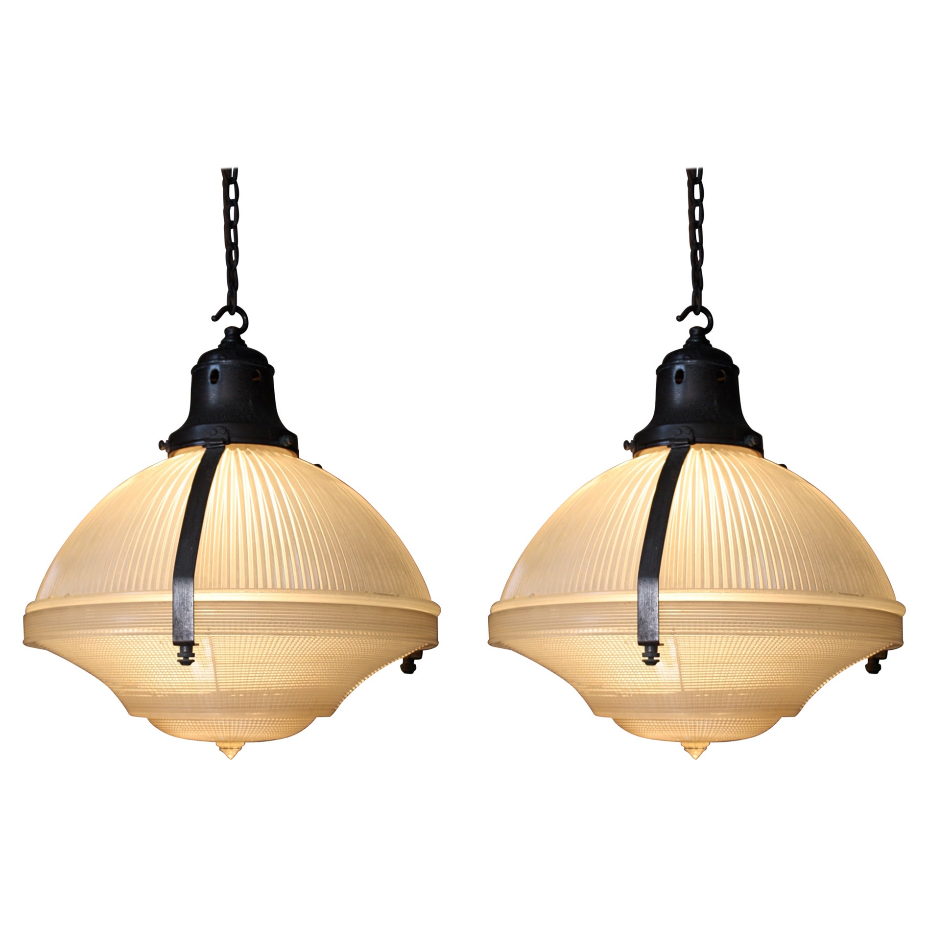 Early 20th C Extra Large Pair of Holophane Prismatic Glass Pendants Lanterns