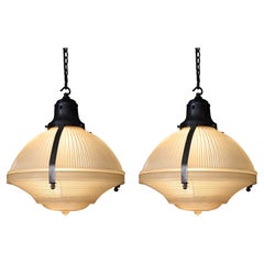 Early 20th C Extra Large Pair of Holophane Prismatic Glass Pendants Lanterns