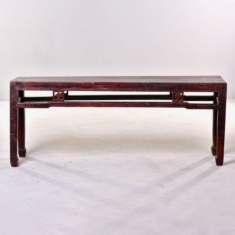 Early 20th C Extra Long Chinese Elm Wood Dong Yang Bench For Sale at