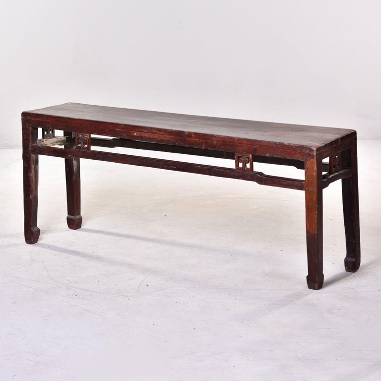 Early 20th C Extra Long Chinese Elm Wood Dong Yang Bench For Sale at