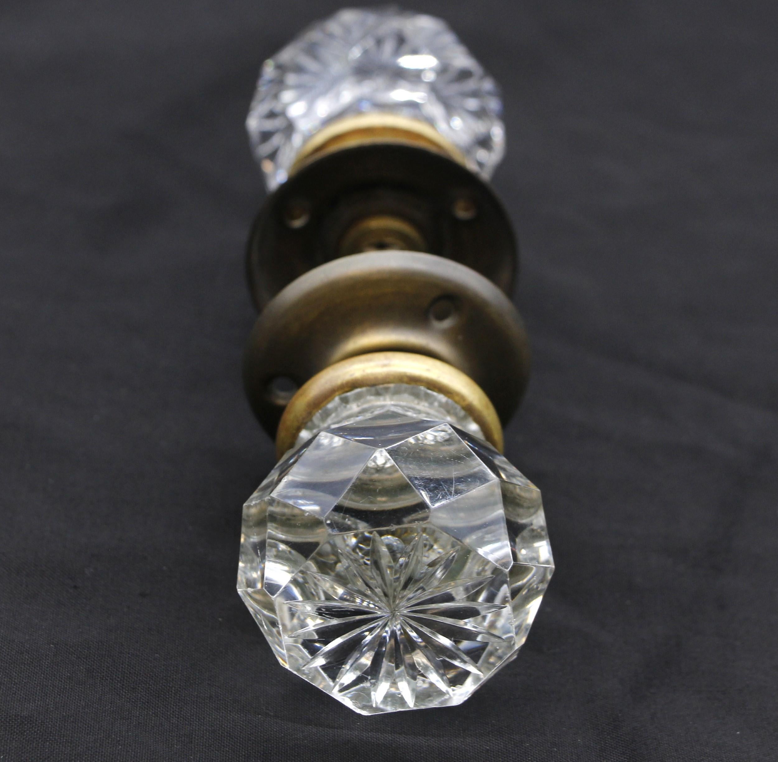 Brass Early 20th C Faceted Etched Cut Glass Doorknob Set Rosettes Included