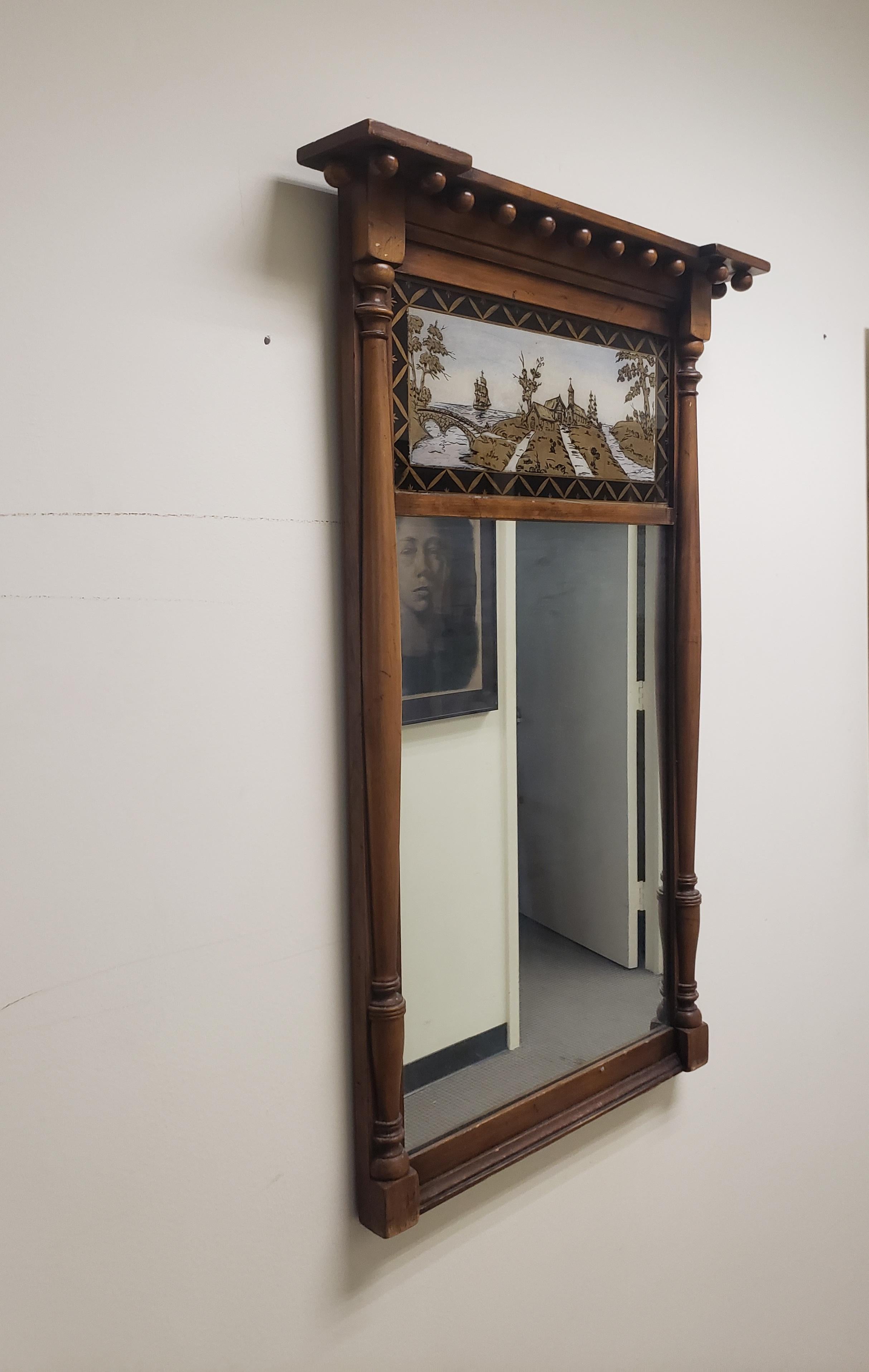 American Early 20th Century Federal Style Mahogany And Eglomise Wall Trumeau Mirror For Sale