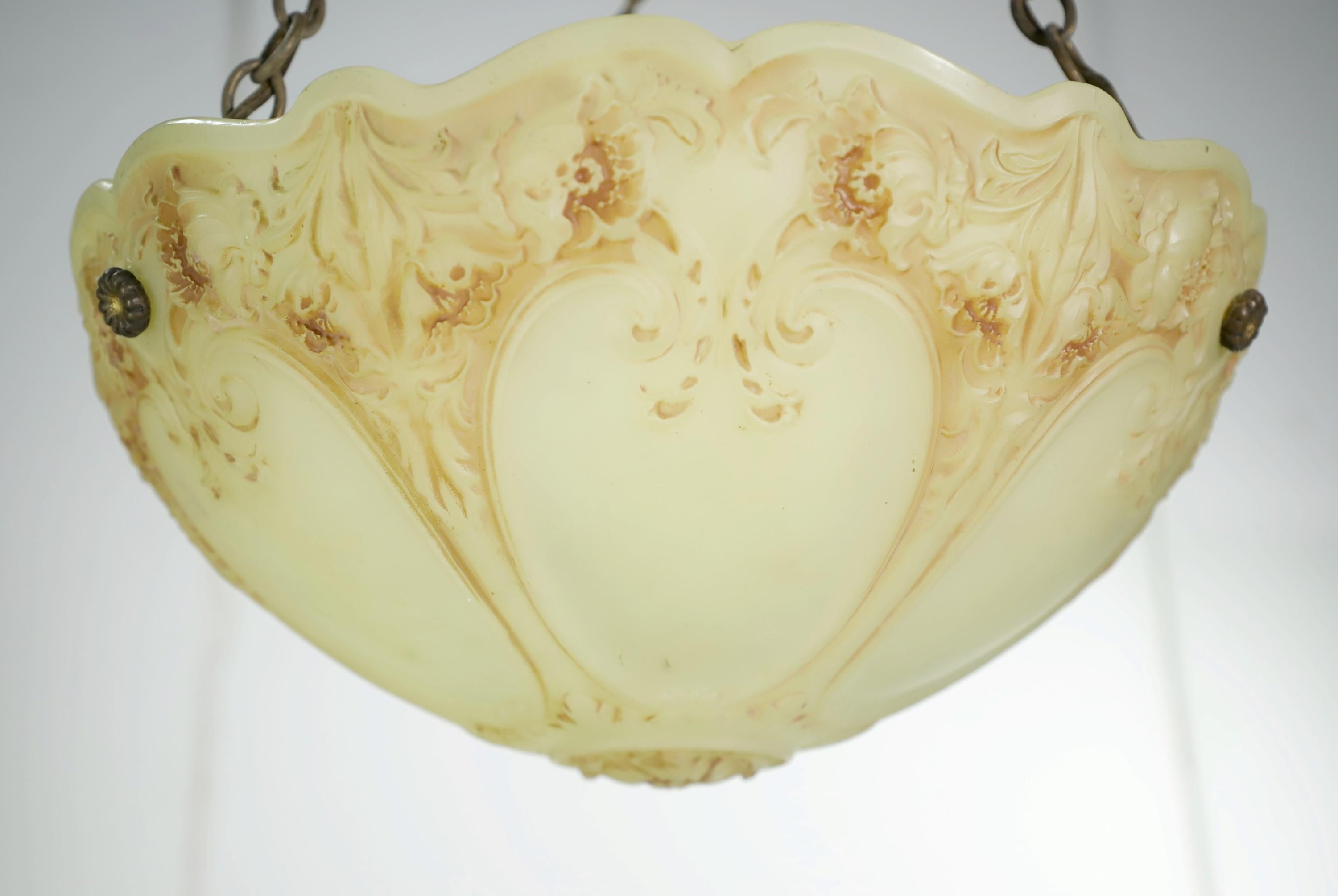 Victorian Early 20th C Floral Milk Glass Dish Brass Pendant Light For Sale