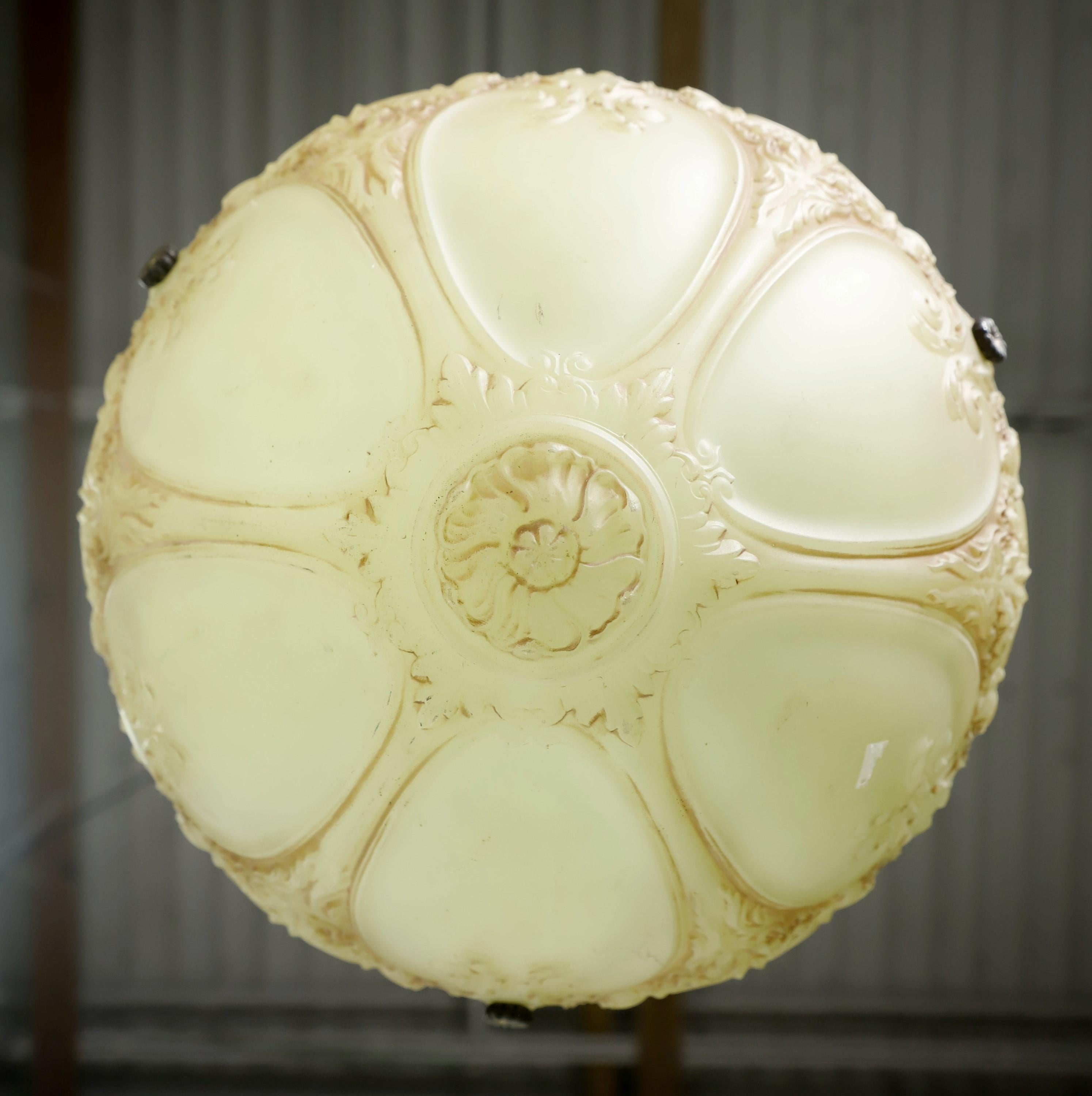 Early 20th C Floral Milk Glass Dish Brass Pendant Light In Good Condition For Sale In New York, NY