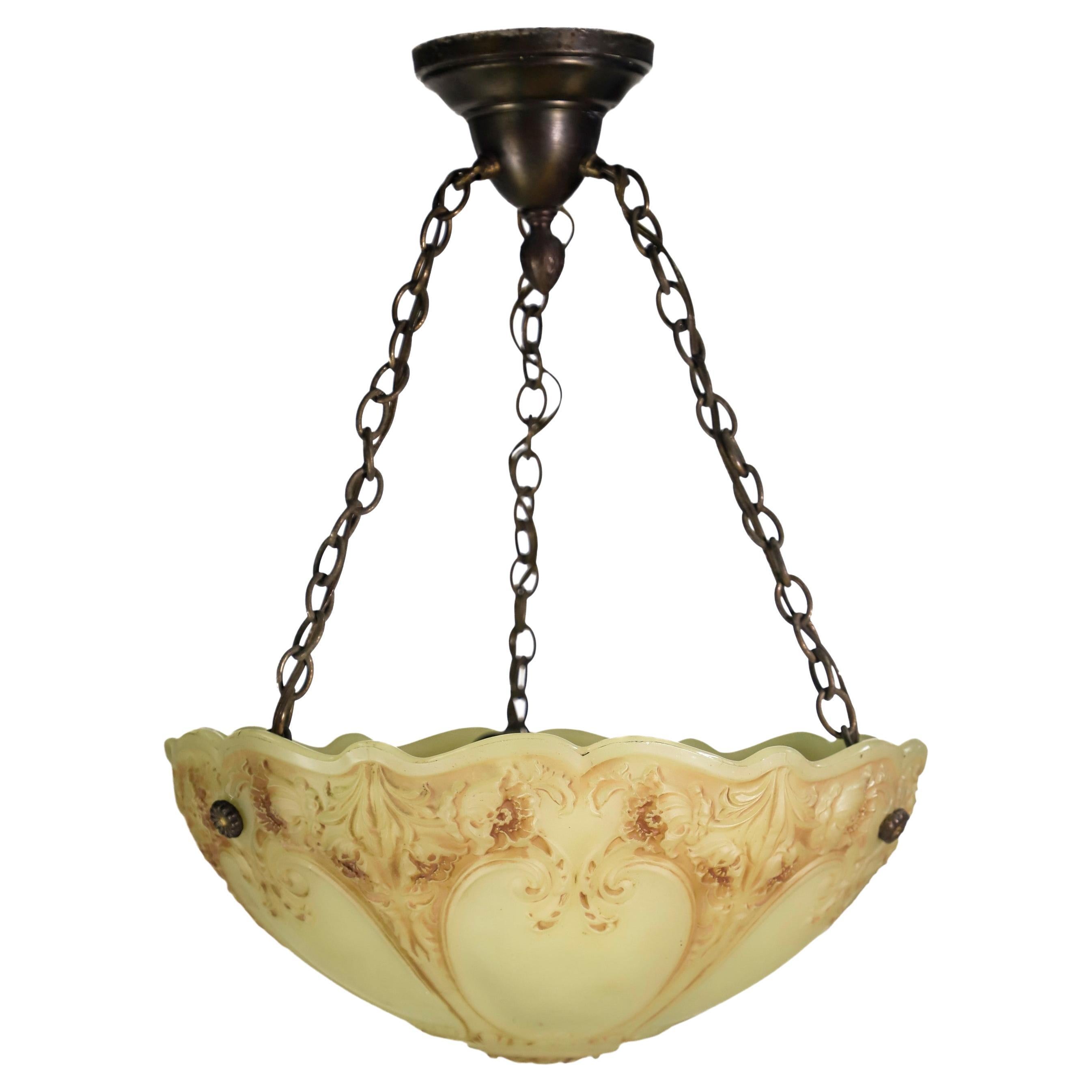 Early 20th C Floral Milk Glass Dish Brass Pendant Light For Sale