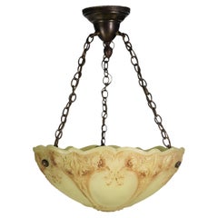 Early 20th C Floral Milk Glass Dish Brass Pendant Light