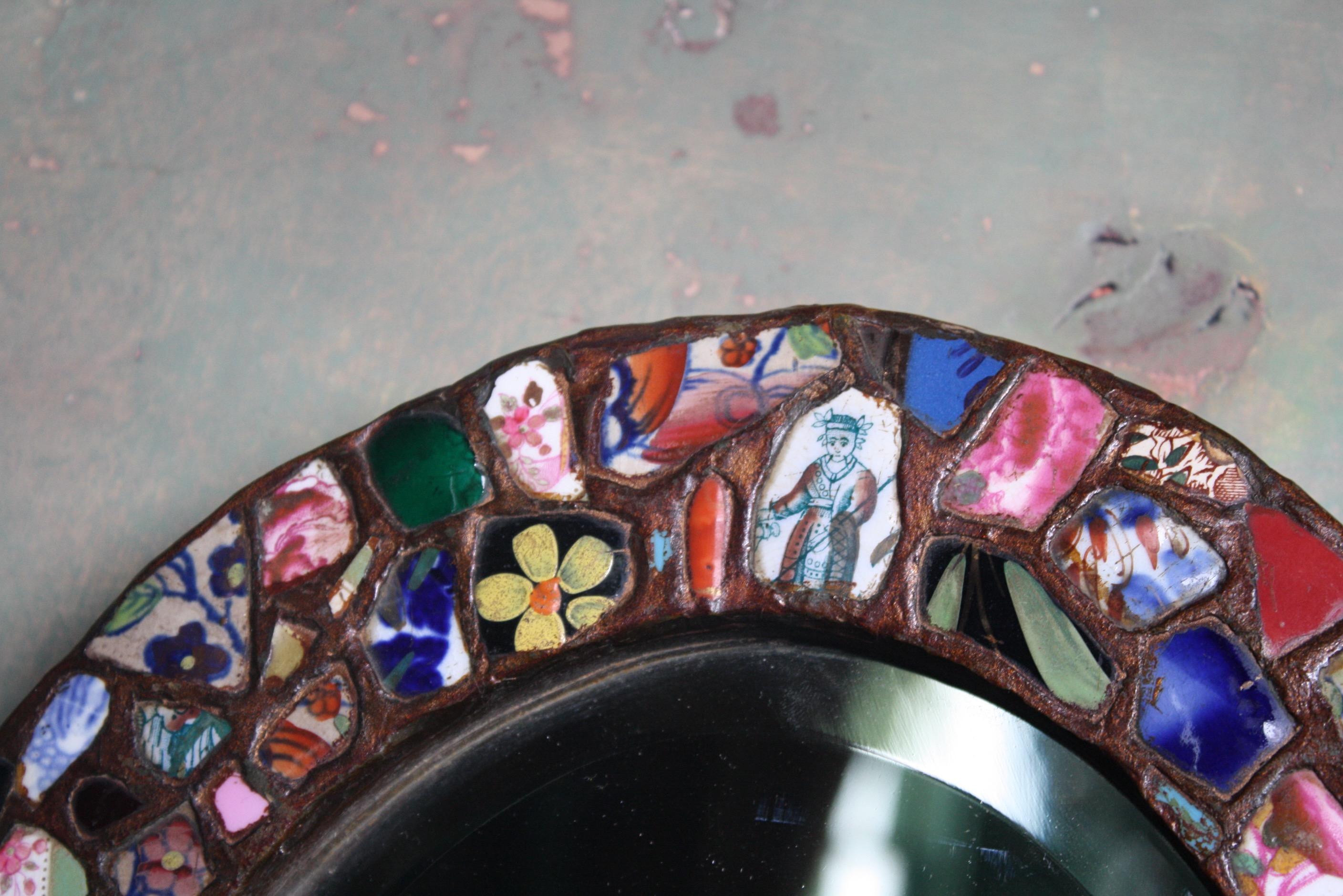 Folk Art Pique Assiette Memoryware Mosaico Shardware Specchio ovale 4