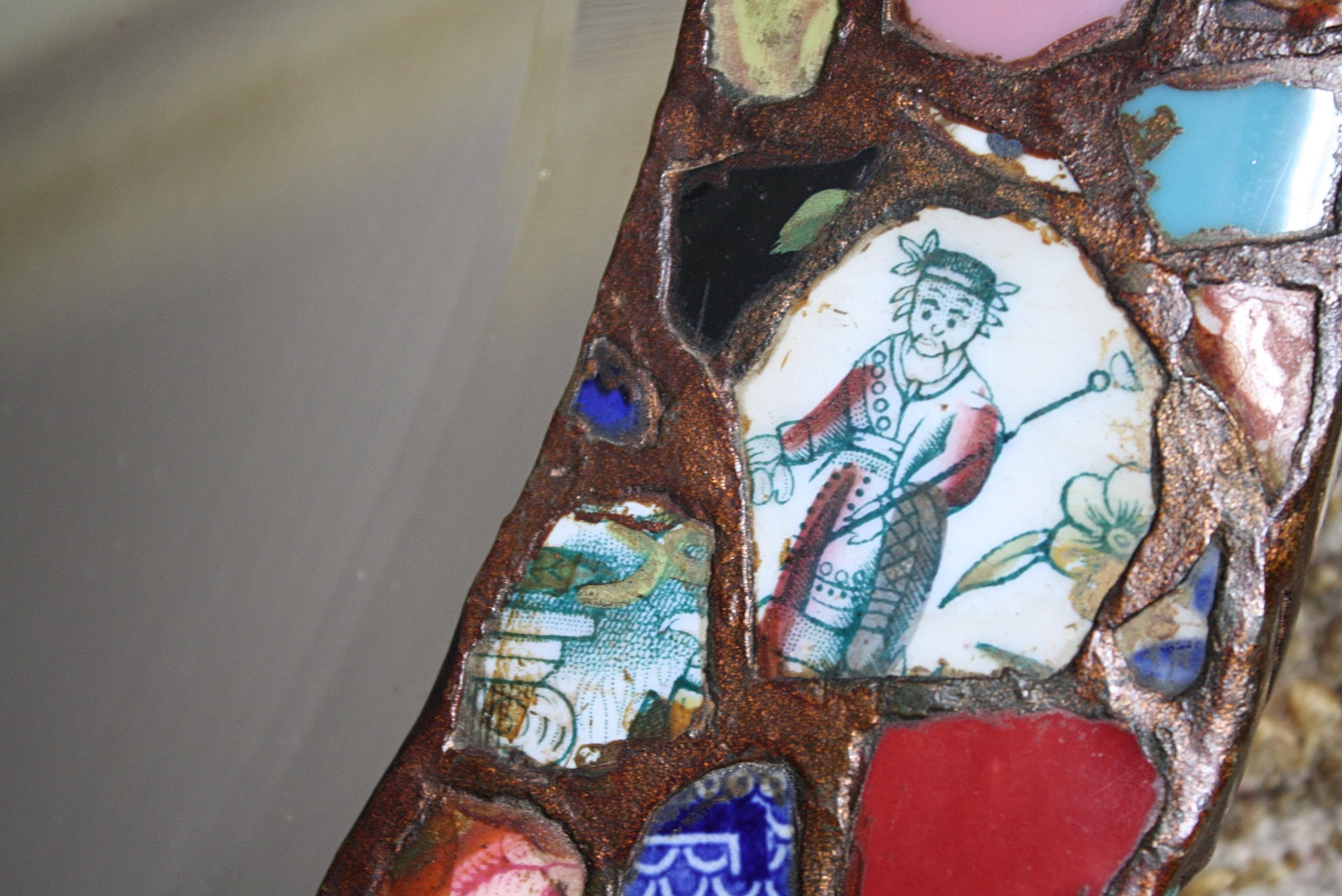 Folk Art Pique Assiette Memoryware Mosaico Shardware Specchio ovale 11