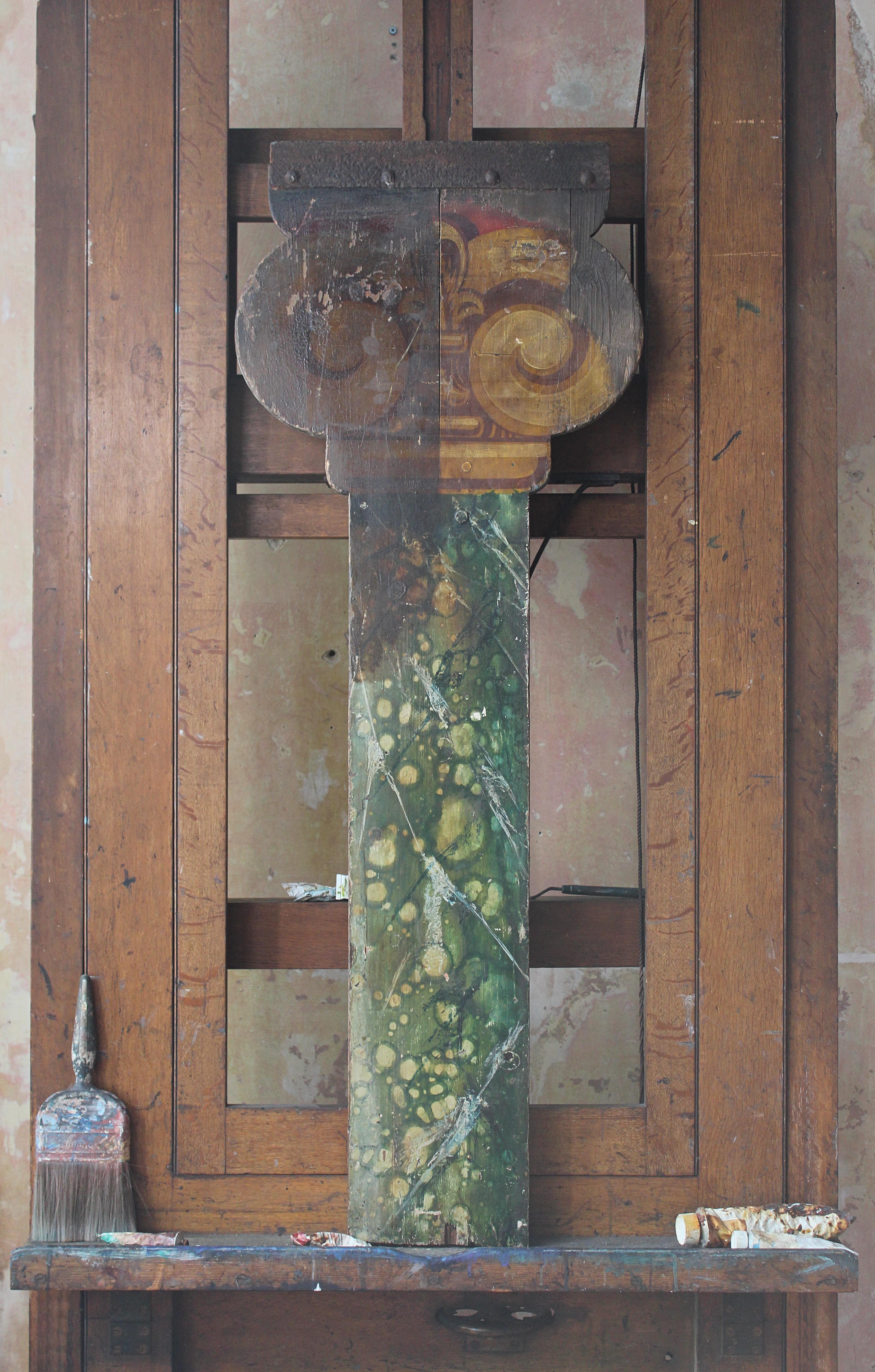 A very decorative pine panel in the form of an architectural corinthian column.

Painted by the infamous fairground artist Fred Fowle in the early part of the 20th century.

Age related losses, craquelure to the surface giving the piece a great