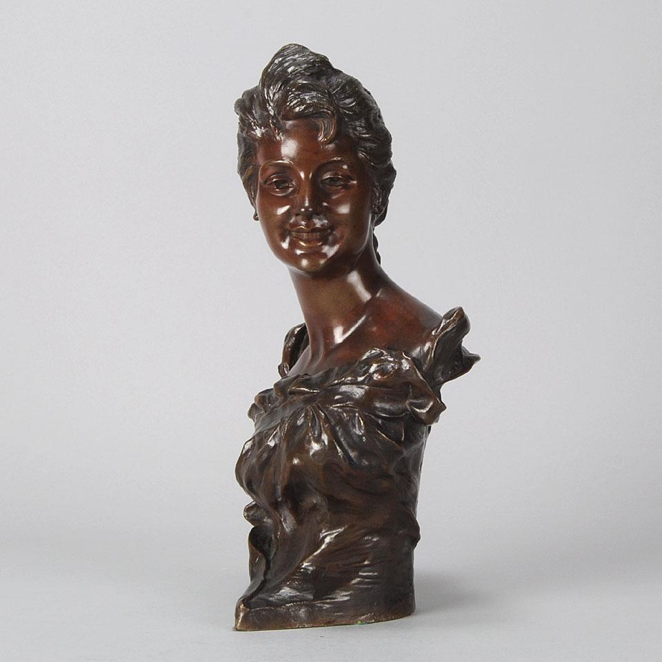 Cast Early 20th C French Art Nouveau Bronze Bust “Brigitte” by Van Der Straeten For Sale