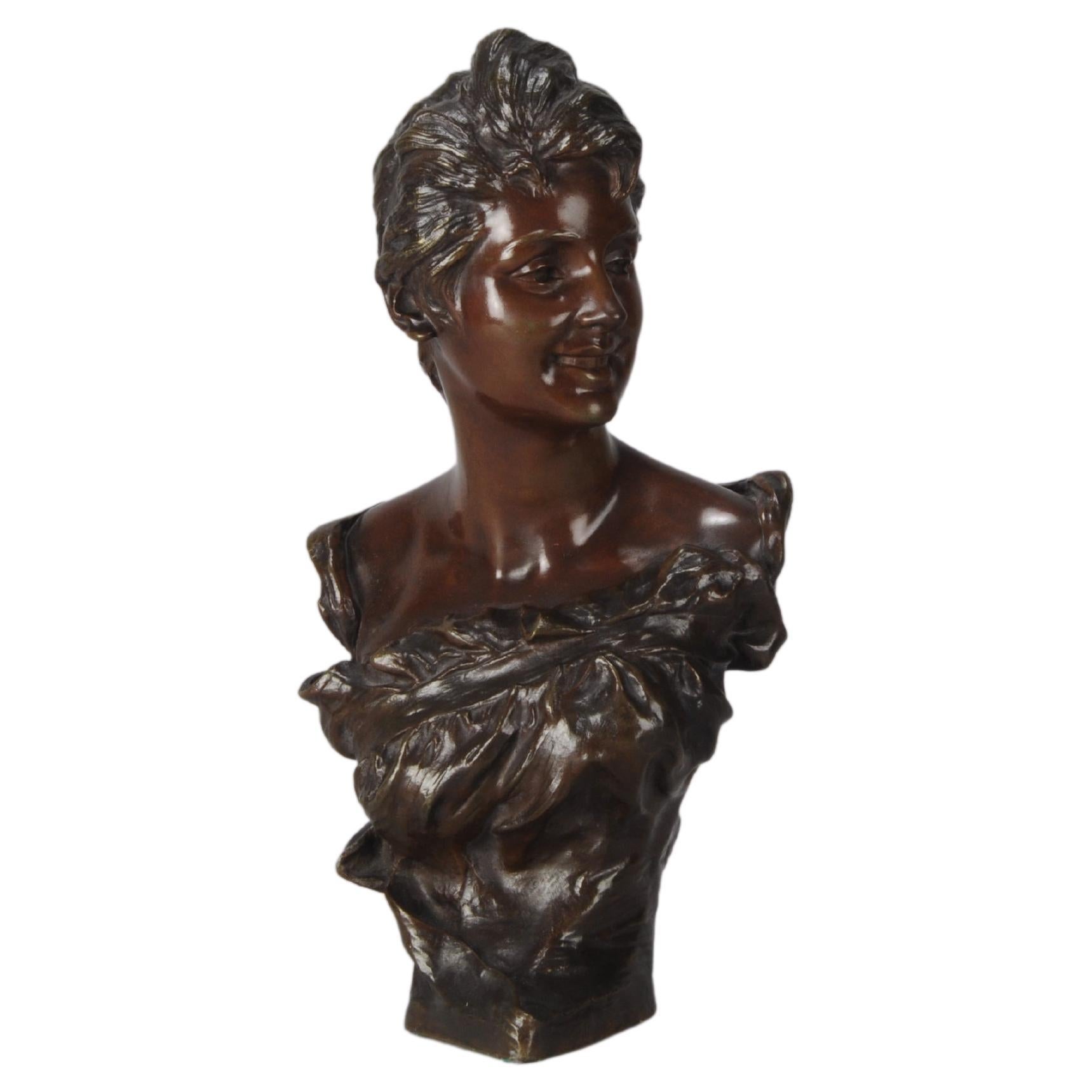 Early 20th C French Art Nouveau Bronze Bust “Brigitte” by Van Der Straeten For Sale