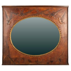 Early 20th-C. French Art Nouveau Embossed Leather Mirror with Birds and Village