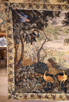 Early 20th C. French Aubusson Handwoven Tapestry with Birds and Castle Scene