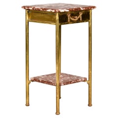 Antique Early 20th C French Brass and Marble Two Tier Side Table