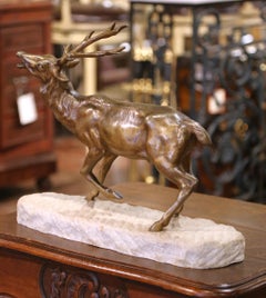 Early 20th C. French Bronze Elk Sculpture on Marble Base Signed De. Fiesole