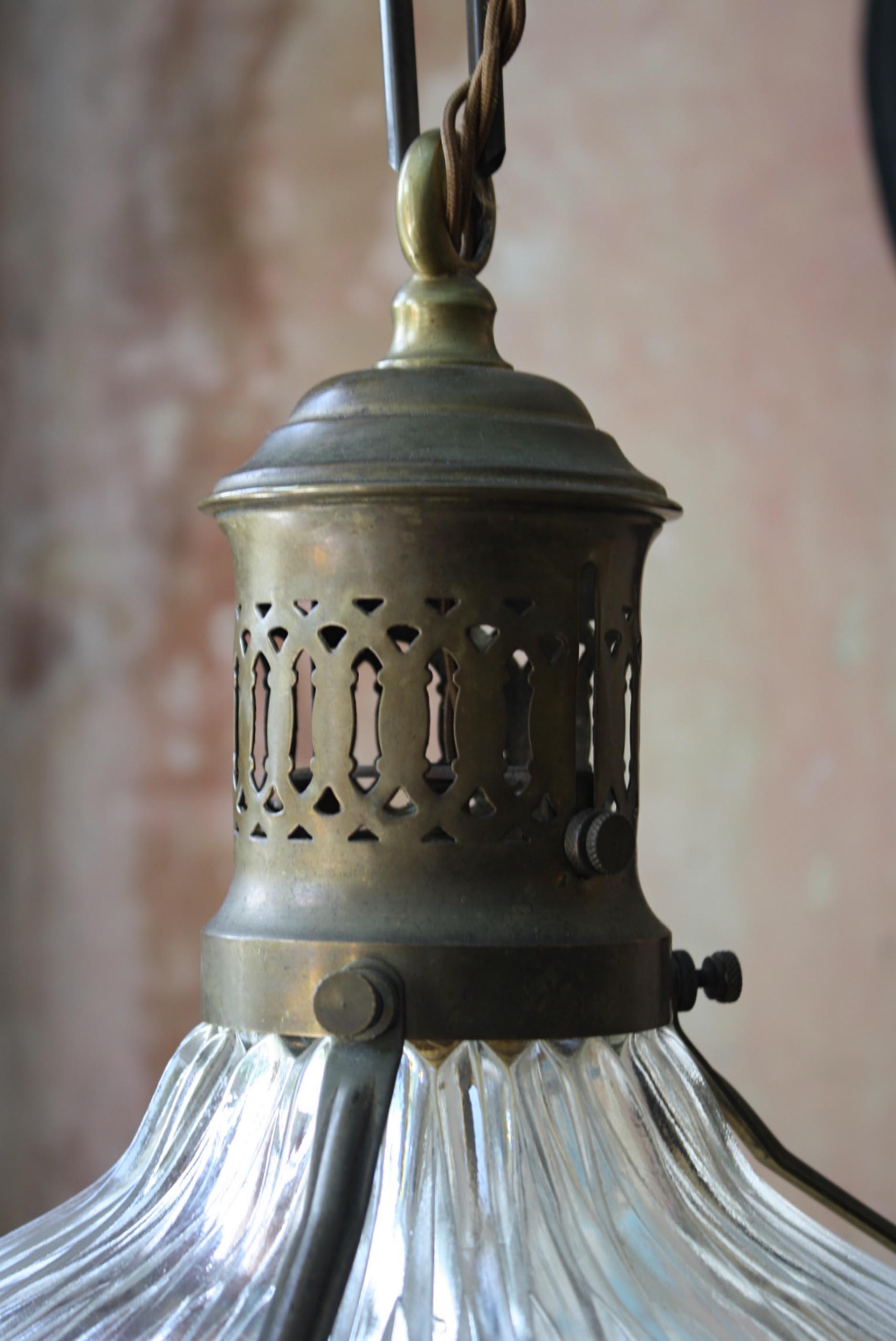Early 20th Century French Caged Brass & Glass Holophane Lantern Light Pendant  7