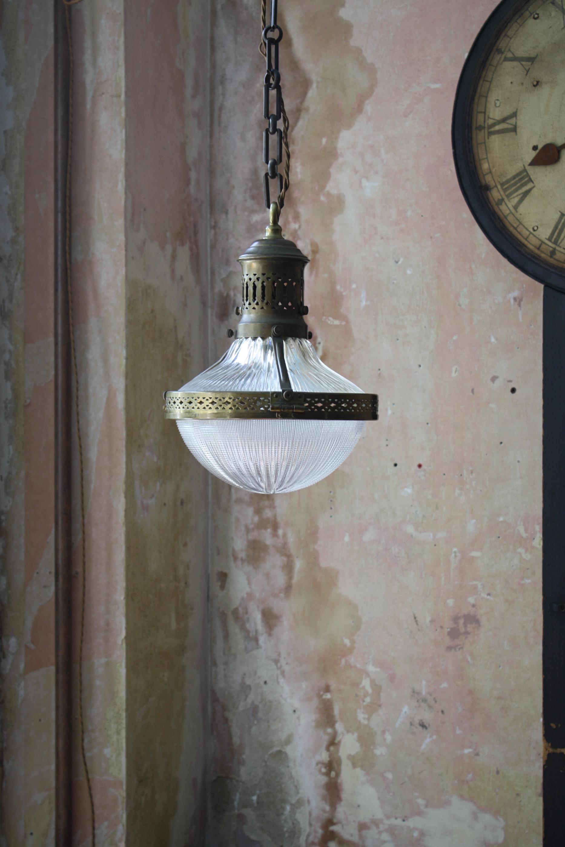 Early 20th Century French Caged Brass & Glass Holophane Lantern Light Pendant  In Good Condition In Lowestoft, GB
