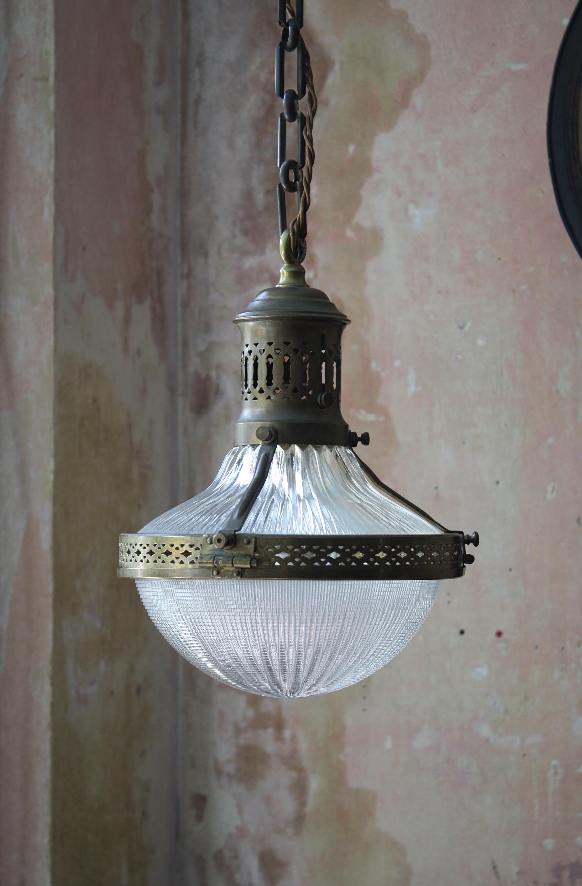 Early 20th Century French Caged Brass & Glass Holophane Lantern Light Pendant  2