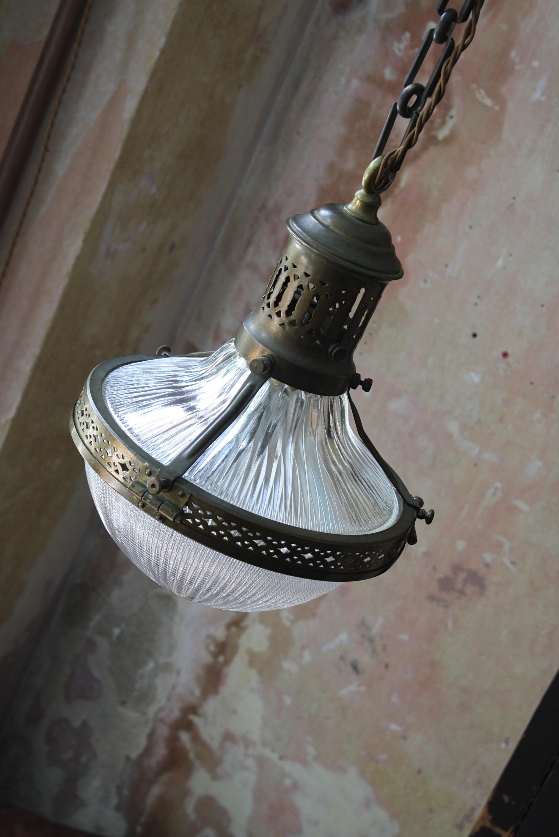 Early 20th Century French Caged Brass & Glass Holophane Lantern Light Pendant  3